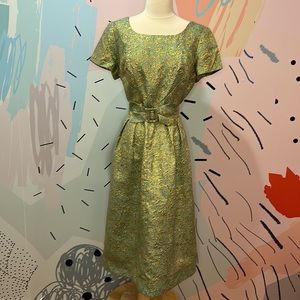 Vintage 60’s Mint with Metallic Gold and Blue Jacquard Wiggle Dress w/ Bow Belt